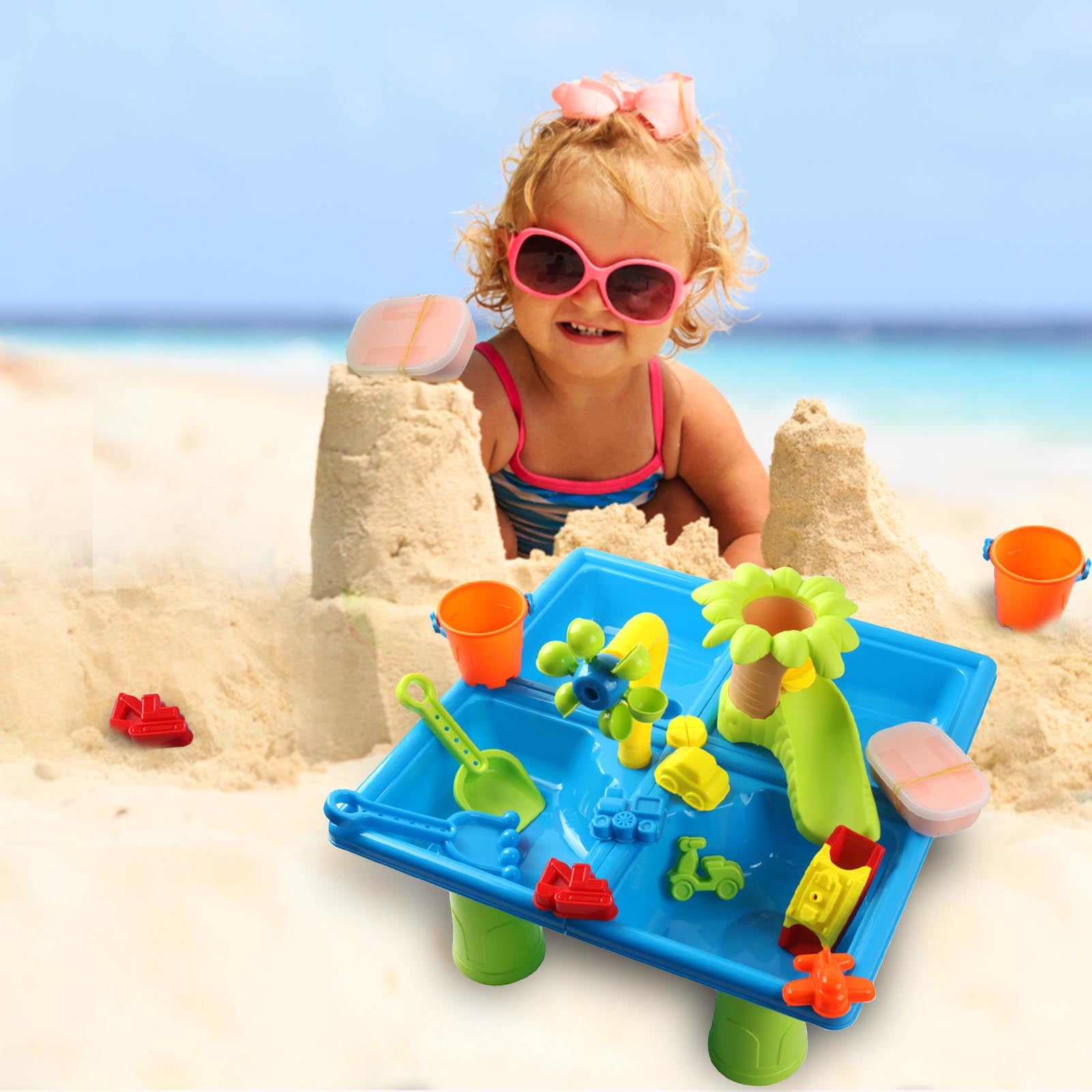 4-in-1 Sand Water Table for Toddlers, Sensory Play Table with 24PCS Beach Water Toys, Ideal for Outdoor Play, Backyard, Pool, and Beach Fun