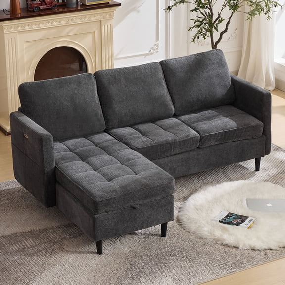 4-in-1 Sectional Couches with Storage Chaise, 77.6" L-Shaped Sectional Sleeper Sofa with Type-C & USB Port & Side Pocket, Comfy Chenille 3-Seat Modular Couch for Bedroom/Living Room, Grey