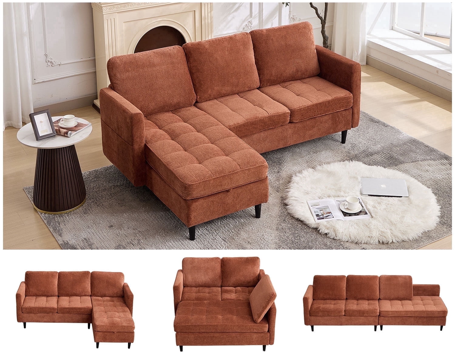 77.6" 4-in-1 L-Shaped Sectional Sleeper Sofa, Chenille Modular Couch with Storage Chaise, Usb/Type-C Ports & Side Pocket, Tangerine