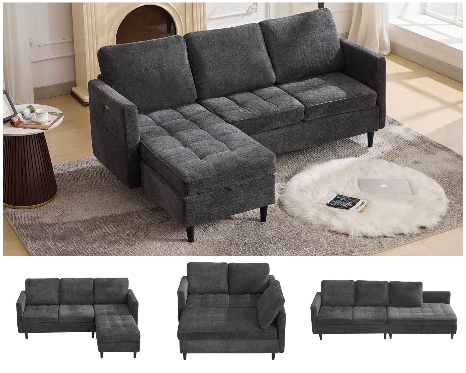 4-in-1 Sectional Couches with Storage Chaise, 77.6" L-Shaped Sectional Sleeper Sofa with Type-C & USB Port & Side Pocket, Comfy Chenille 3-Seat Modular Couch for Bedroom/Living Room, Grey