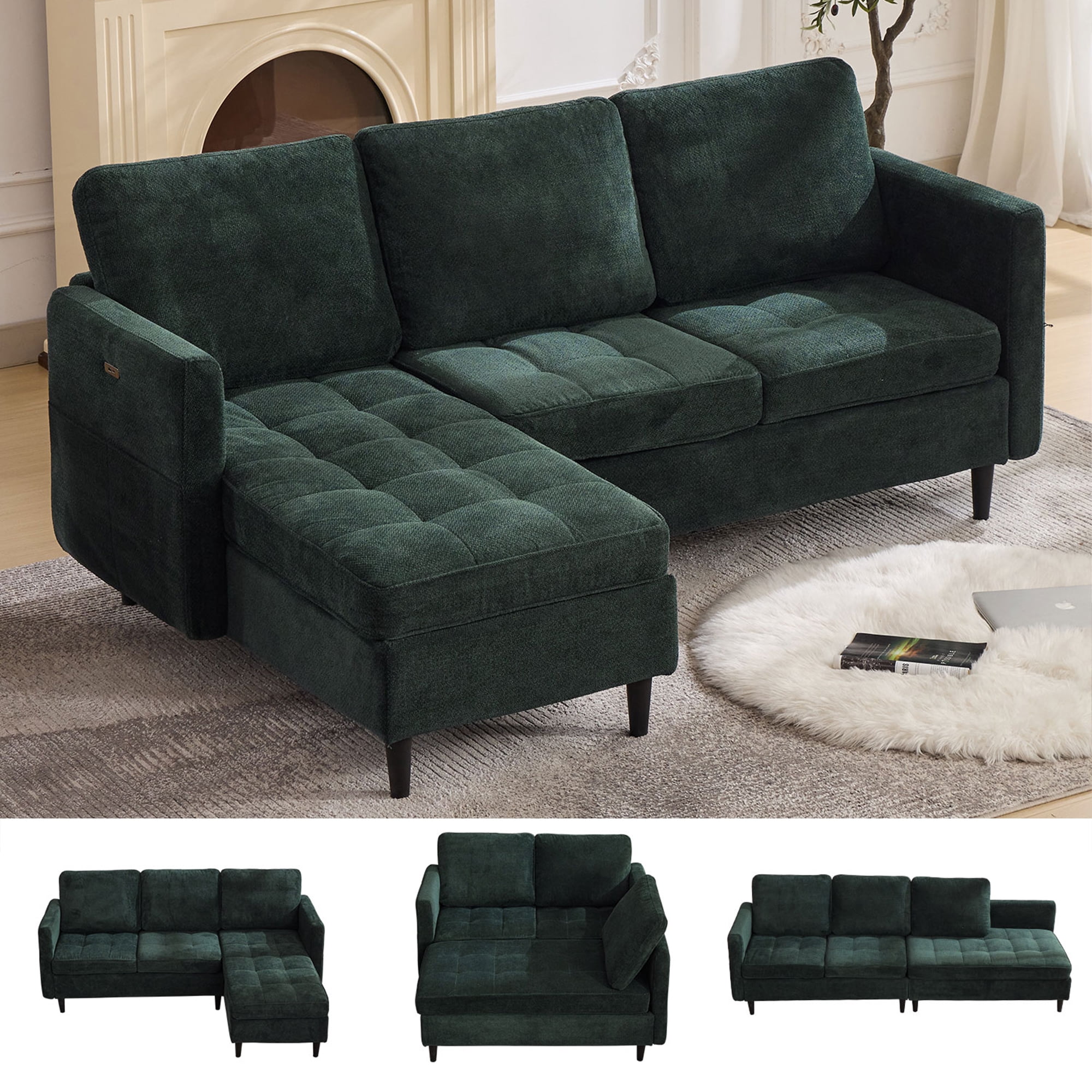 77.6" 4-in-1 L-Shaped Sectional Sleeper Sofa, Chenille Modular Couch with Storage Chaise, Usb/Type-C Ports & Side Pocket, Dark Green