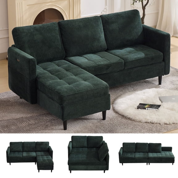 77.6" 4-in-1 L-Shaped Sectional Sleeper Sofa, Chenille Modular Couch with Storage Chaise, Usb/Type-C Ports & Side Pocket, Dark Green