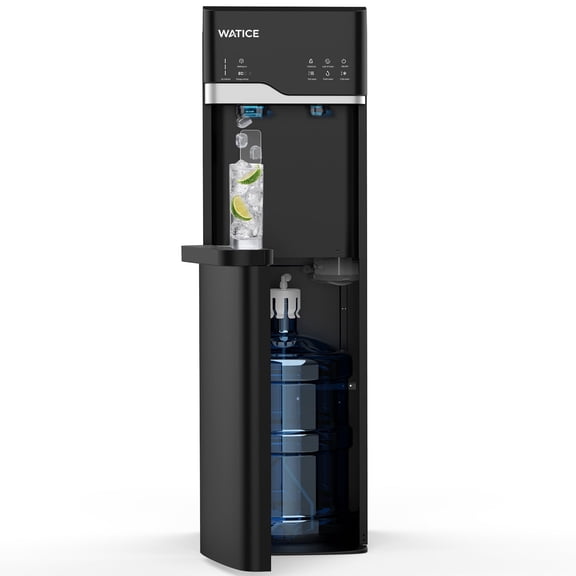 4-in-1 Self-Cleaning Water Dispenser with Ice Maker, Bottom Loading Hot & Cold Water Cooler for 3 or 5 Gallon Bottle - Includes Child Safety Lock & Nightlight - Water Machine for Home, Office, Black