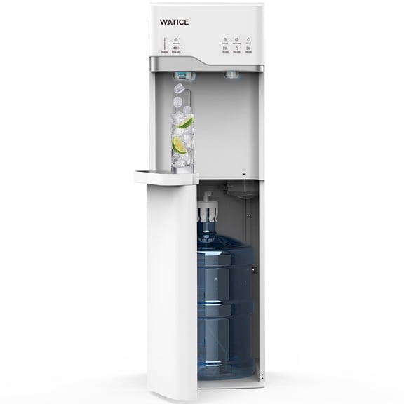 4-in-1 Self-Cleaning Water Dispenser with Ice Maker, Bottom Loading Hot & Cold Water Cooler for 3 or 5 Gallon Bottle - Includes Child Safety Lock & Nightlight - Water Machine for Home, Office, White