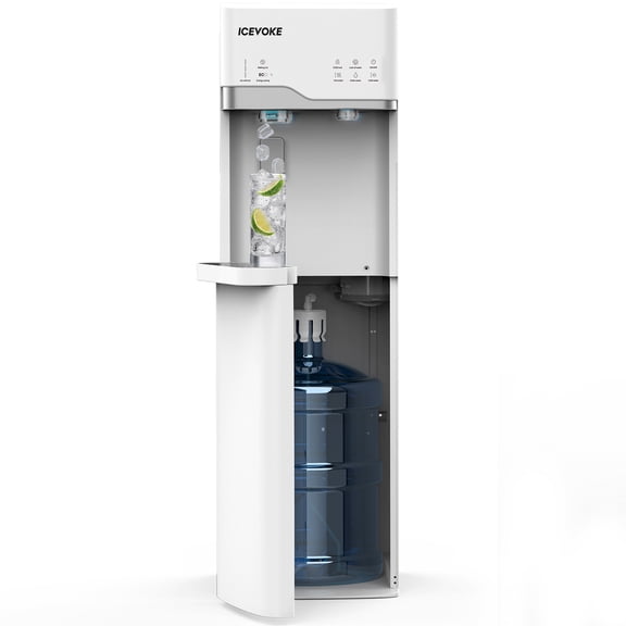 4-in-1 Self-Cleaning Water Dispenser with Ice Maker, Bottom Loading Hot, Room & Cold Water Cooler for 3 or 5 Gal - Child Safety Lock & Nightlight - for Home, Office, White