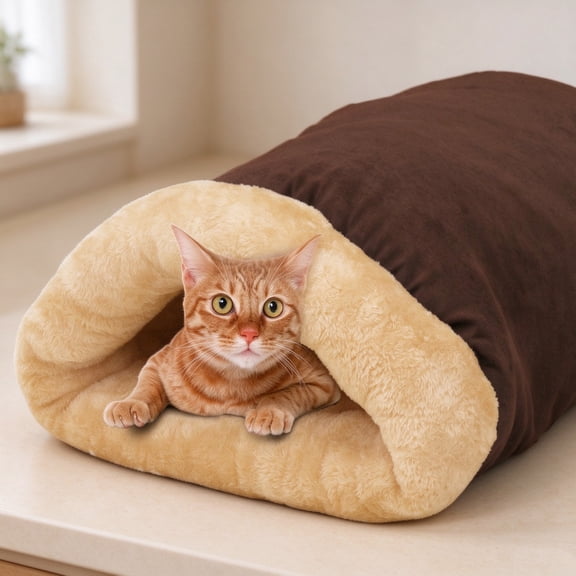 4 in 1 Self Warming Burrow Cat Bed – Hideaway Sleeping Cuddle Cave for Cats & Dogs, Faux Suede & Fur, Machine Washable, 4 Patterns