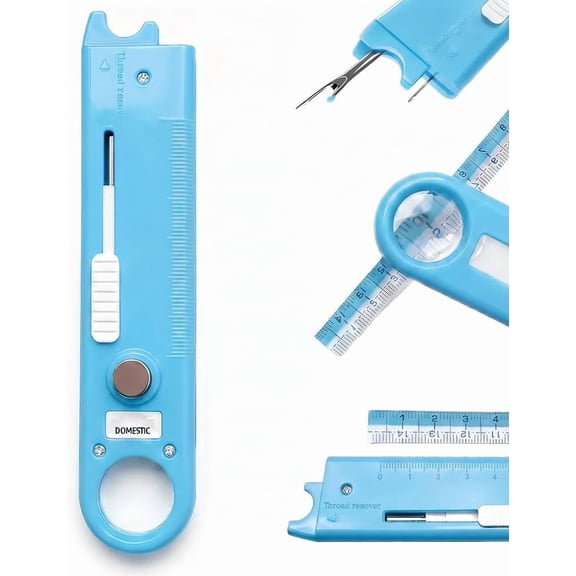 4-in-1 Sewing Threader Tool with Seam Ripper, Magnetic Seam Guide, Multifunctional Hemmer Guide with Scale, Stitch Remover Tool, Sewing Accessories and Supplie (Blue)
