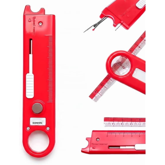 4-in-1 Sewing Threader Tool with Seam Ripper, Magnetic Seam Guide, Multifunctional Hemmer Guide with Scale, Stitch Remover Tool, Sewing Accessories and Supplie (Red)