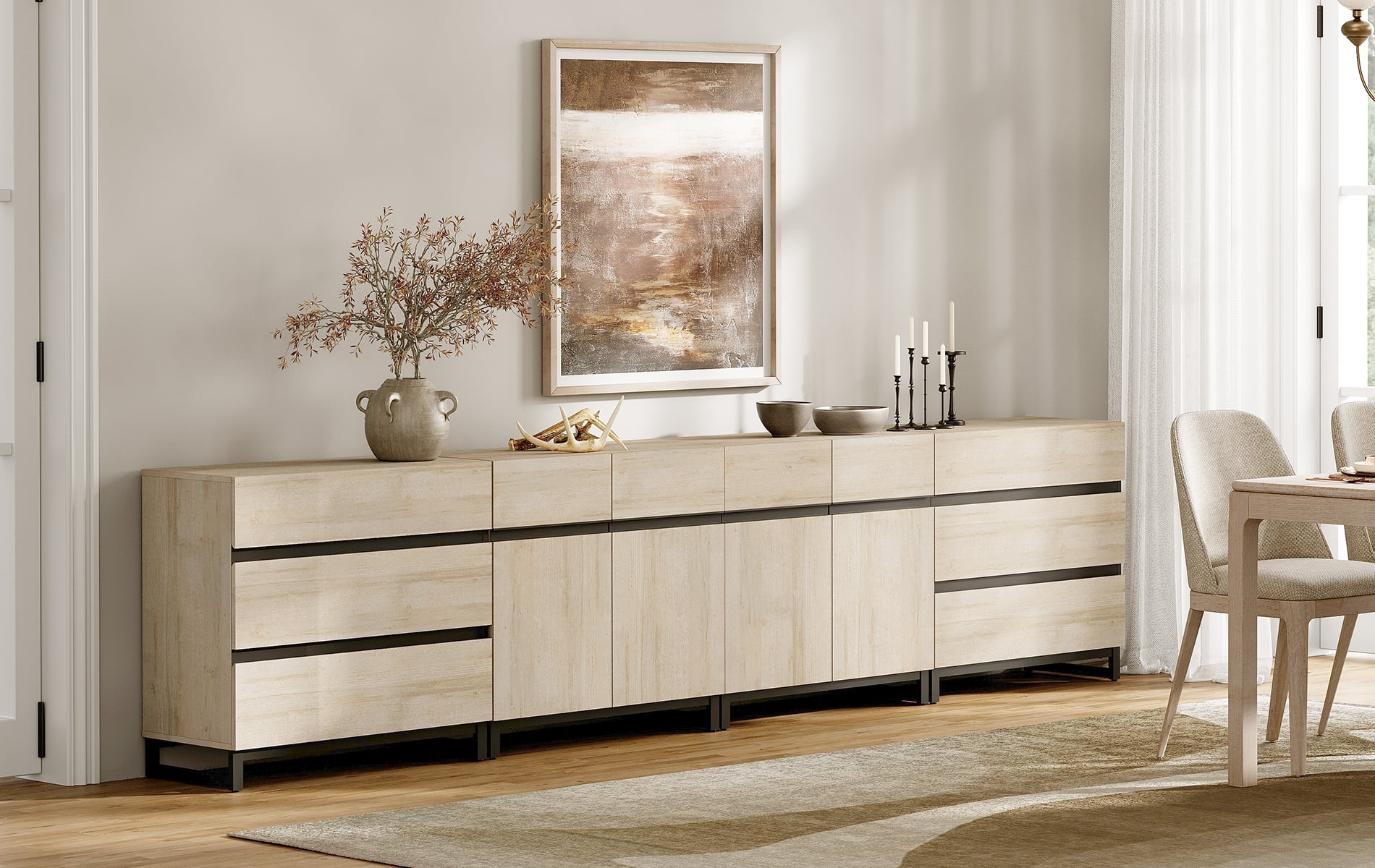4-in-1 Sideboard Buffet Cabinet with 6 Drawers, Adjustable Shelves, High Load-Bearing Storage Cabinet for Living Room, Dining Room,Beige