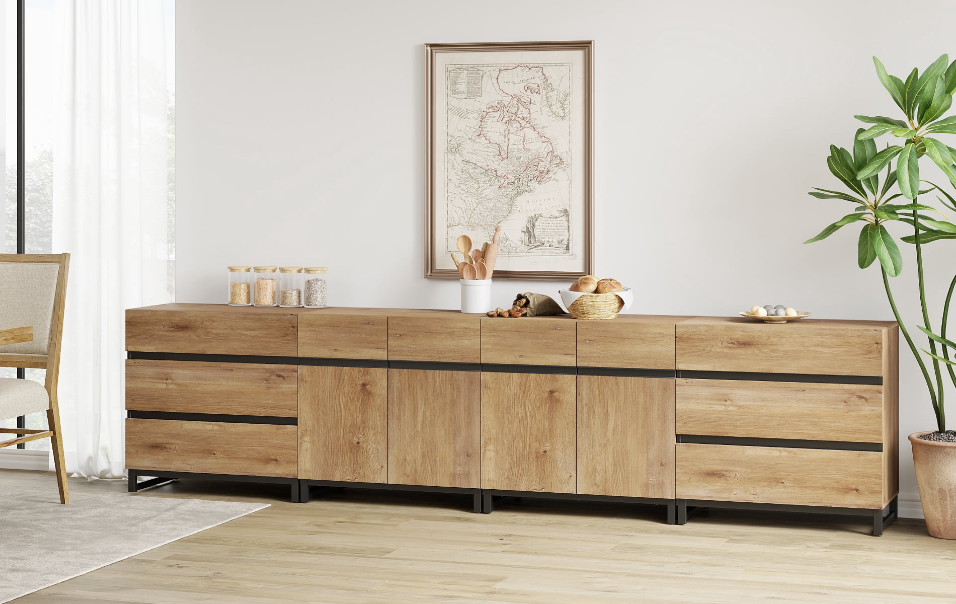 4-in-1 Sideboard Buffet Cabinet with 6 Drawers, Adjustable Shelves, High Load-Bearing Storage Cabinet for Living Room, Dining Room,Oak