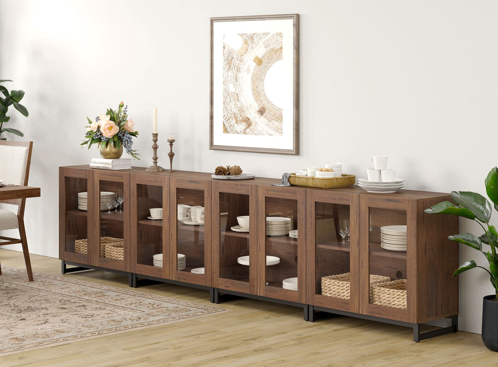 4 in 1 Sideboard Buffet with 8 Glass Doors & Adjustable Shelf, Modern Wood Grain Storage for Living Room, Kitchen,Brown