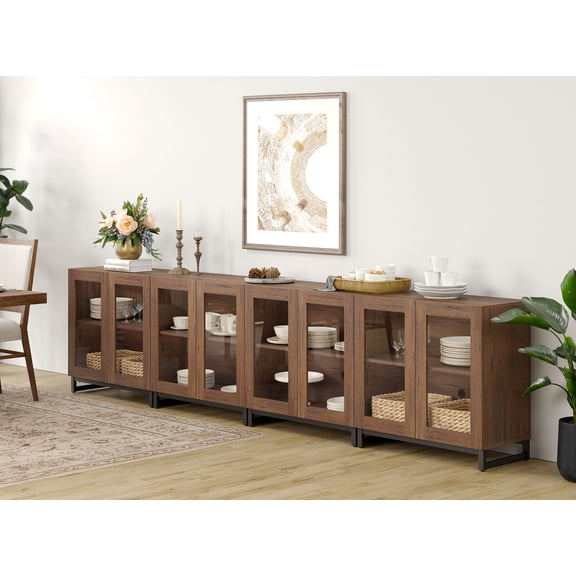 4 in 1 Sideboard Buffet with 8 Glass Doors & Adjustable Shelf, Modern Wood Grain Storage for Living Room, Kitchen,Brown