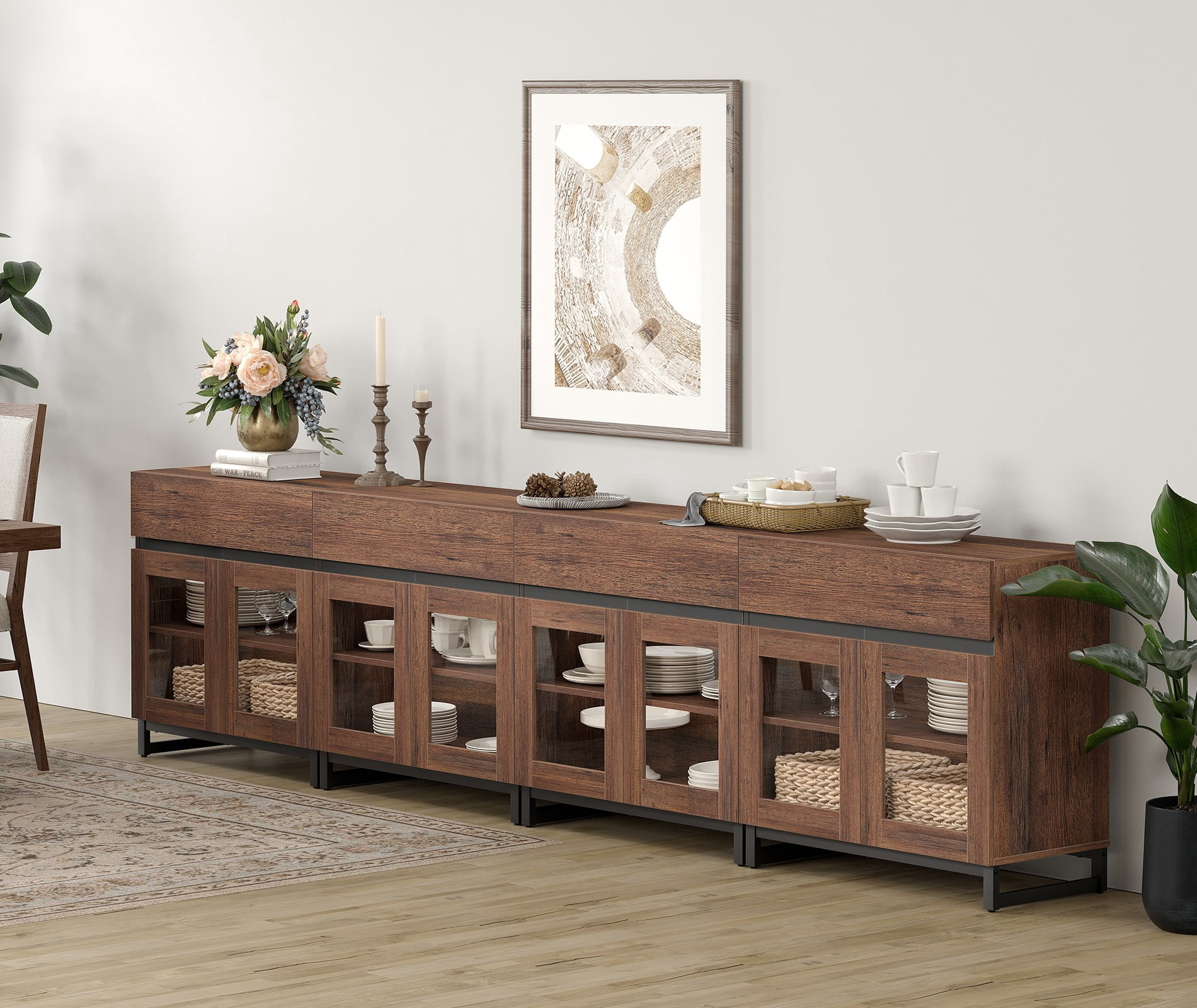 4 in 1 Sideboard with 8 Glass Doors & 4 Drawers, Metal Base, Wood Grain for Living Room, Kitchen,Brown