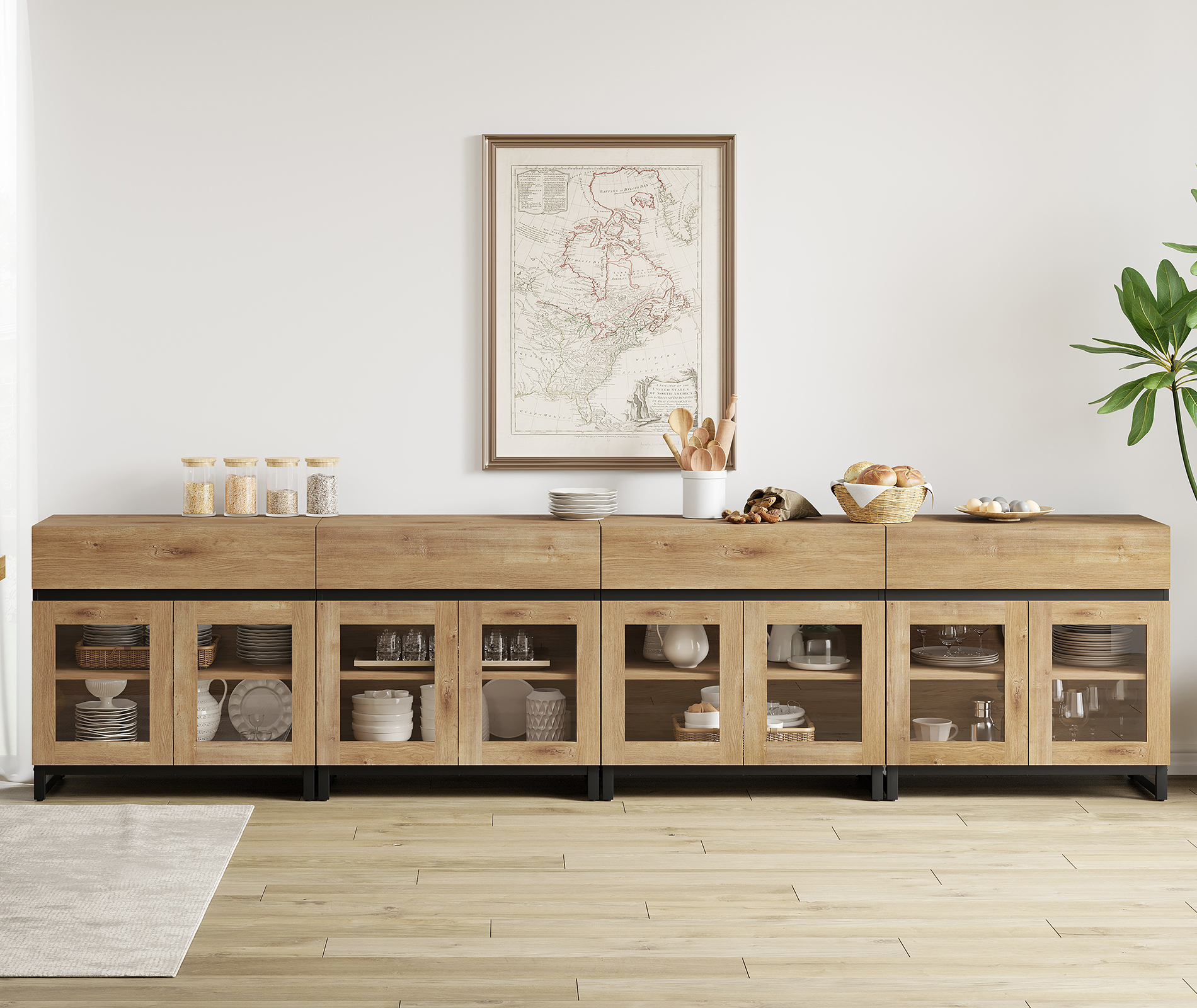 4 in 1 Sideboard with 8 Glass Doors & 4 Drawers, Metal Base, Wood Grain for Living Room, Kitchen,Oak