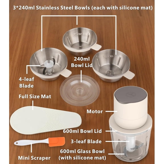 4-in-1 Small Food Processor Cordless Set with 600ml Glass Bowl, 3*240ml Stainless Steel Bowls and 3+4 Blades, USB-C Rechargeable Battery Mini Meat Vegetable Chopper, Electric Kitchen Blender Wireless