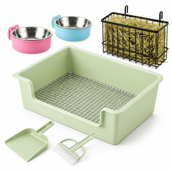 Pet Box Items 4-in-1 Small Pet Litter Box with Feeder Waterer and Cleaning Kit for ...