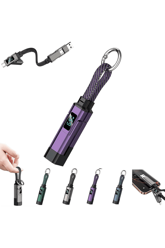 4-in-1 Smart Digital Display Keychain, 65W Fast Charging Cable with LED Display, USB-A & USB-C to USB-C and Apple Connector, Portable Keychain Charging Cord for Phone, Tablet & Laptop