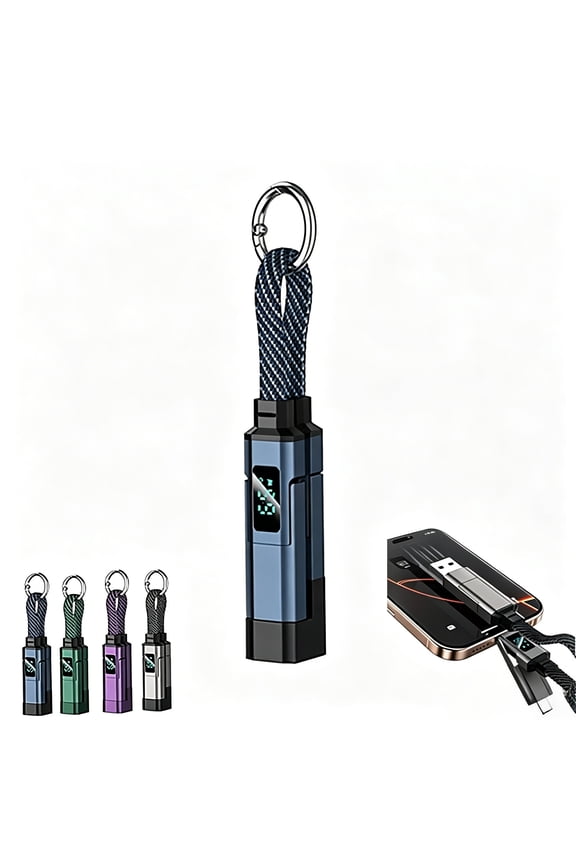 4-in-1 Smart Digital Display Keychain - 65W Fast Charging Cable with LED Screen, Multi USB-C Cord, Portable for Travel