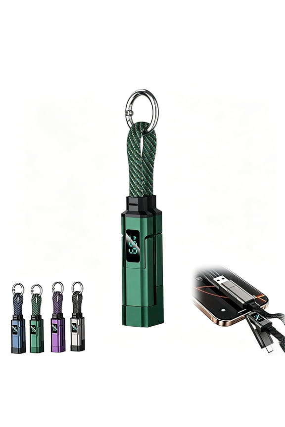 4-in-1 Smart Digital Display Keychain - 65W Fast Charging Cable with LED Screen, Multi USB-C Cord, Portable for Travel