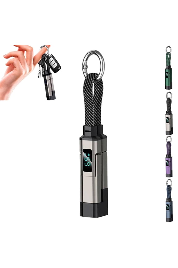 4-in-1 Smart Digital Display Keychain - 65W Fast Charging Cable with Lanyard, LED Display for USB-A USB-C