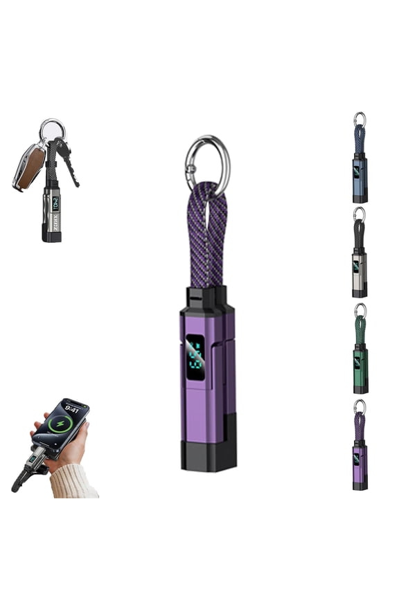 4-in-1 Smart Digital Display Keychain,65W Fast Charging Keychain Cable, Short Braided Multi-Interface USB C Charger Cord, Portable Lanyard Charging Cable for Phone Tablet Laptop