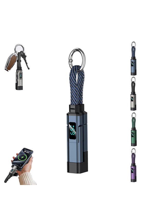 4-in-1 Smart Digital Display Keychain,65W Fast Charging Keychain Cable, Short Braided Multi-Interface USB C Charger Cord, Portable Lanyard Charging Cable for Phone Tablet Laptop