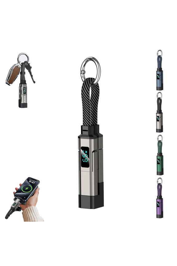 4-in-1 Smart Digital Display Keychain,65W Fast Charging Keychain Cable, Short Braided Multi-Interface USB C Charger Cord, Portable Lanyard Charging Cable for Phone Tablet Laptop