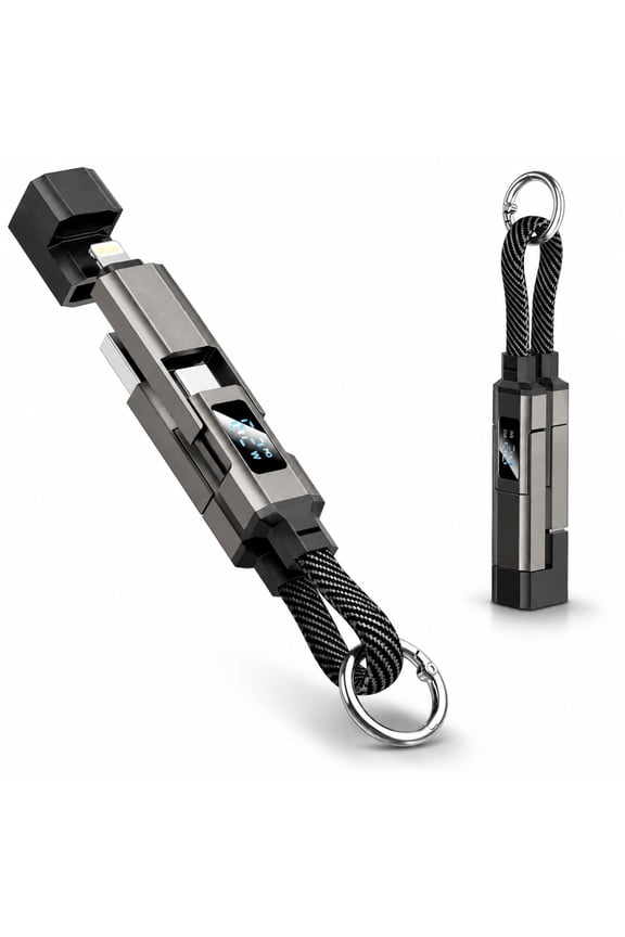 4-in-1 Smart Digital Display Keychain, 65W Multi Charging Cord with LED Display, Zinc Alloy Keychain Braided Cable for Phone, Tablet, Laptop & Travel