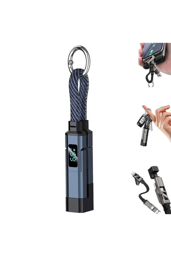 4-in-1 Smart Digital Display Keychain, 65w Fast Portable Digital Charger Keychain for Travelers, Multi Device Braided USB C to C & Lightning Short Travel Charging Cord