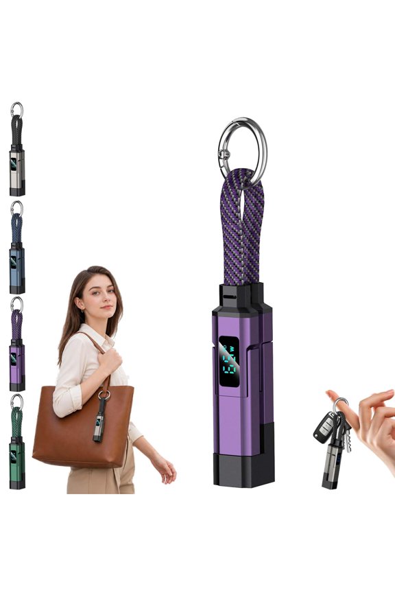 4-in-1 Smart Digital Display Keychain - Portable Charger Cable with LED Display, 20cm Short Fast Charging Lanyard Cord