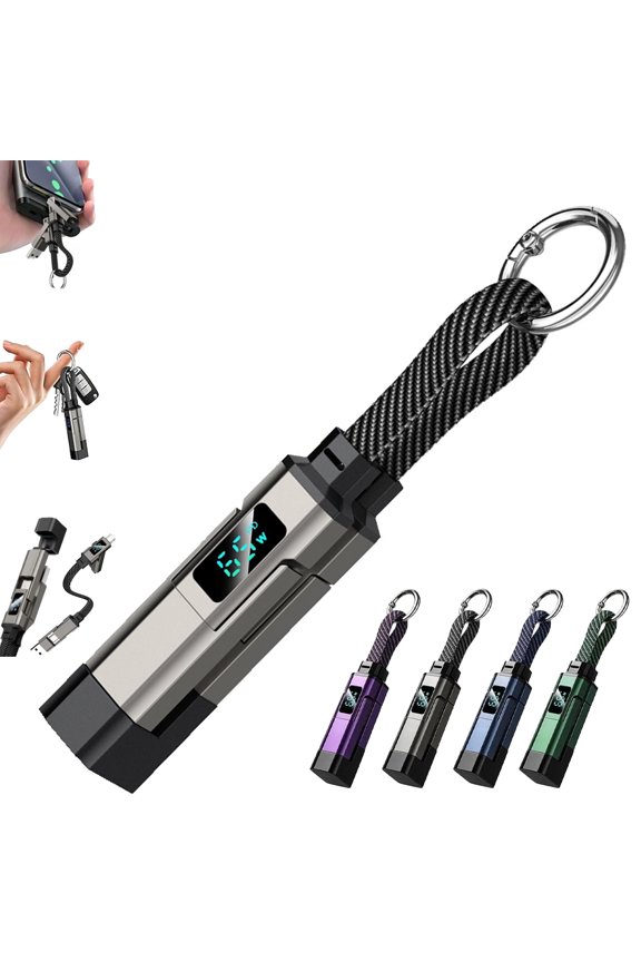 4-in-1 Smart Digital Display Keychain, USB C Keychain Charger Cable, Durable Braided Nylon Cable, Powerful Rapid Charging for Tablet, Laptop, Computer
