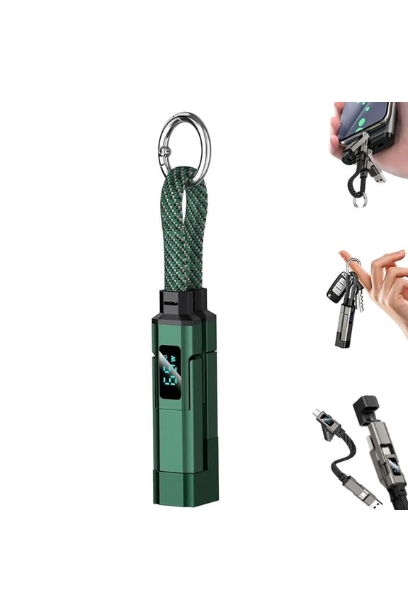 4-in-1 Smart Display Keychain , 65w Fast Portable Digital Charger Keychain for Travelers, Multi Device Braided USB C to C & Lightning Short Travel Charging Cord