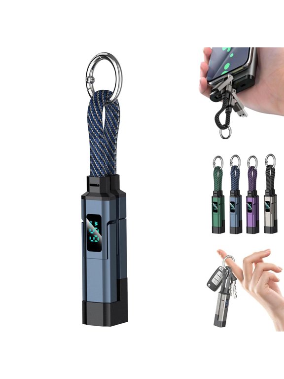 4-in-1 Smart Display Keychain Cable, Fast-Charging, Kink-Resistant & Compact, 4-in-1 Charging Cable with Digital Display & Keychain for Phone Tablet Laptop