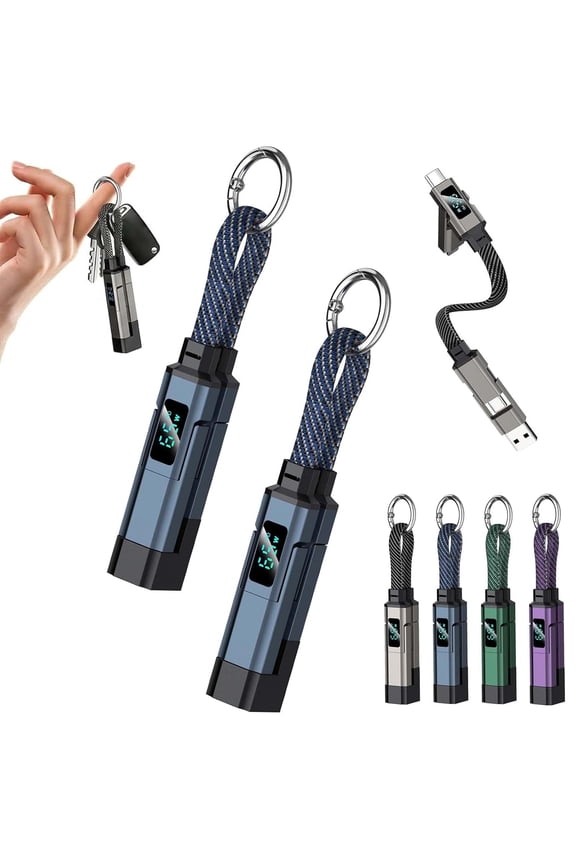 4-in-1 Smart Display Keychain Cable – Portable Fast Charging Cable with Digital Power Display, 4 Interfaces Compatible, Keychain Charger Cord for Phone & Tablet