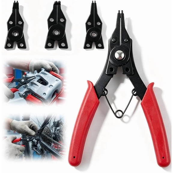 Snap Ring Pliers, 4 in 1 Multifunctional Internal External Circlip Pliers Set with 3 Interchangeable Jaw Heads for Automotive Engine Repair Red (K)