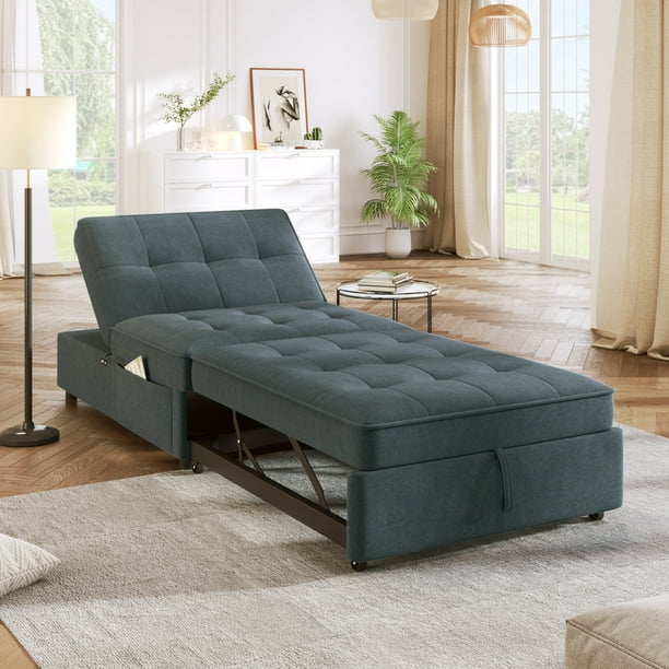 4 in 1 Sofa Bed Chair Convertible Sleeper Chair Bed with Storage Pocket and USB Port Lounger Chair Single Bed Modern Chair Bed Sleeper Flax Pull Out Armchair for Living Room Bedroom Dark Blue