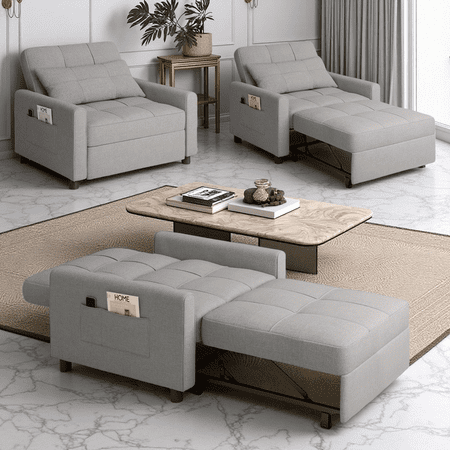 Space-Saving 3-in-1 Sleeper Chair, AIHO Convertible Armchair in Linen for Living Room, Study & Guest Room, Gray