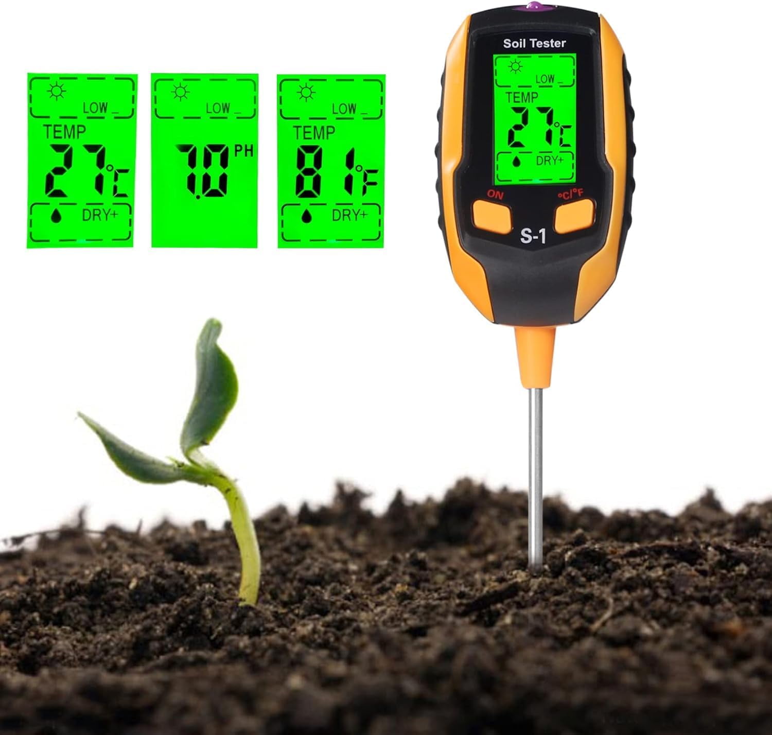 Soil Moisture Meter Plant 4-In-1, Soil Ph Tester Temperature/Light/Ph/ Moisture With Stainless Steel Probe Digital Soil Testing Kit Plant Watering Indicator For Gardening Lawn Farming Outdoor Indoor