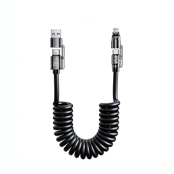 4-in-1 Spring Car Data Cable Fast Charging 240W/100W/27W/12W For iPhone Samsung Xiaomi Pixel iPad 5ft USB C Retractable Charge Cord