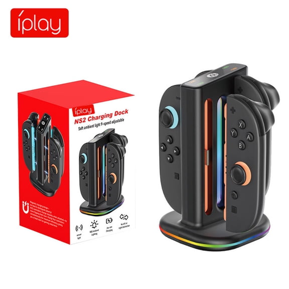 4-in-1 Square Charging Dock for Switch 2 Joy-Con Controllers, Charger Stand with LED Indicator & RGB Lighting, NS2 Left Right Mini Controller Charging Station