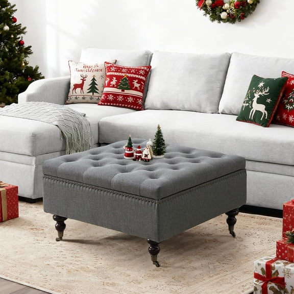 4-in-1 Square Storage Ottoman  with Rolling Wheels,Large Ottoman with Storage,Upholstered Coffee Table for Living Room/Bedroom,Dark Gray