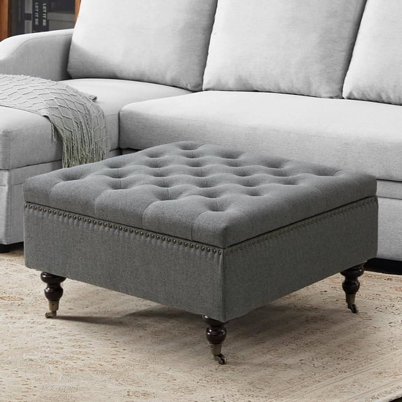 4-in-1 Square Storage Ottoman with Rolling Wheels, Upholstered Coffee Table for Living Room or Bedroom, Dark Gray