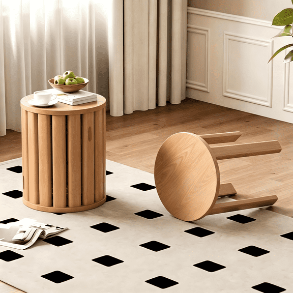 4-in-1 Stackable Wooden Stools Set, Round Nesting Side Table, Multi-Layer Rotatable Storage Accent Stool for Dining Living Room Entryway
