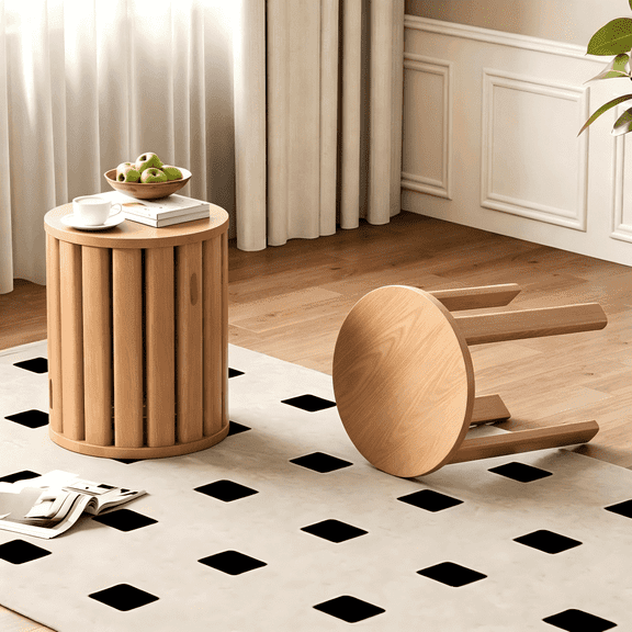 4-in-1 Stackable Wooden Stools Set, Round Nesting Side Table, Multi-Layer Rotatable Storage Accent Stool for Dining Living Room Entryway