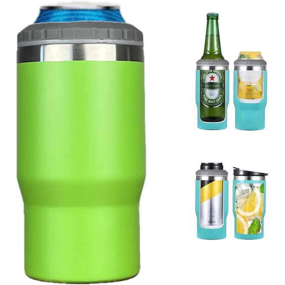 4 in 1 Stainless Steel Can/Bottle Insulator, 14oz Two-Way Lids SUS Insulated Can Cooler, Beer Bottle holder (Green)