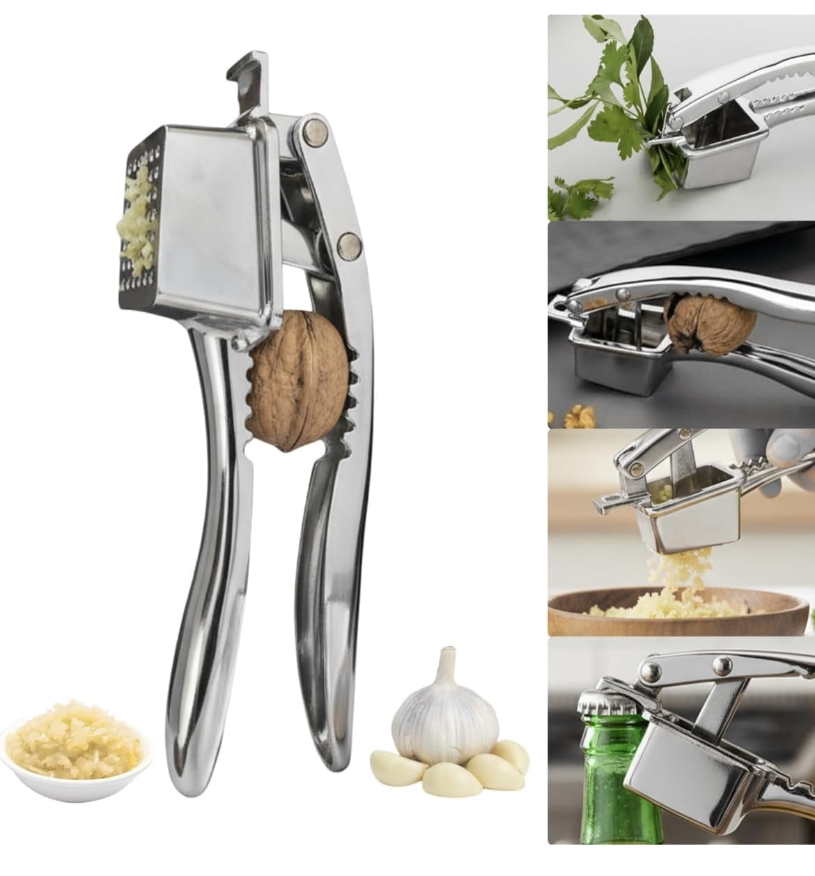 4-in-1 Stainless Steel Finish Garlic Press  Mincer Nut Cracker Plucker Bottle Opener Zinc Alloy Kitchen Tool