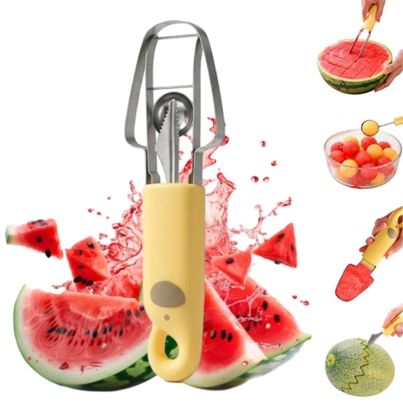 4-in-1 Stainless Steel Fruit Cutter, Watermelon Slicer, Scooper, Ice Pop Mold & Carving Knife, Multifunction Fruit Tool for Picnic