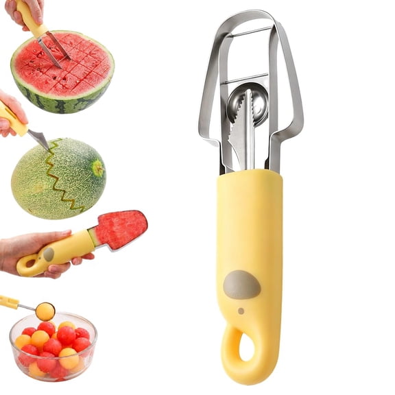 4-in-1 Stainless Steel Fruit Cutter, Watermelon Slicer Tool with Fork and Knife for Summer Fruit Cutting, Carving Melon Scooper Popsicle Cutter for Kitchen Home