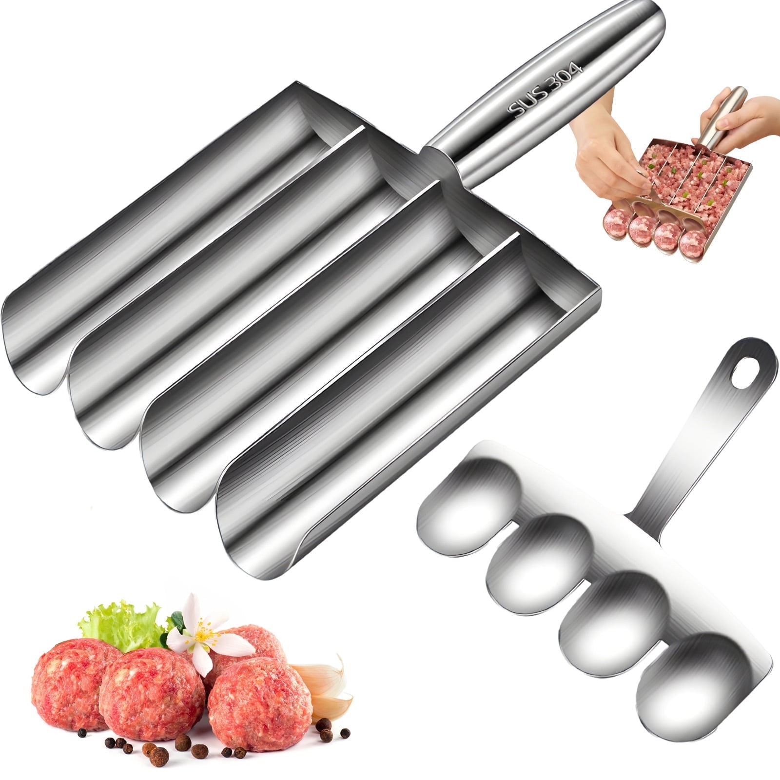 4-in-1 Stainless Steel Meatball Maker with Scraper, Kitchen Meat Baller ...
