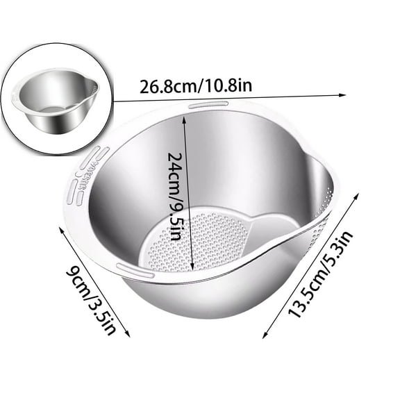 4-in-1 Stainless Steel Rice Washer, Multipurpose Kitchen Strainer Bowl, Side Drainer Colander for Vegetable Cleaning Use